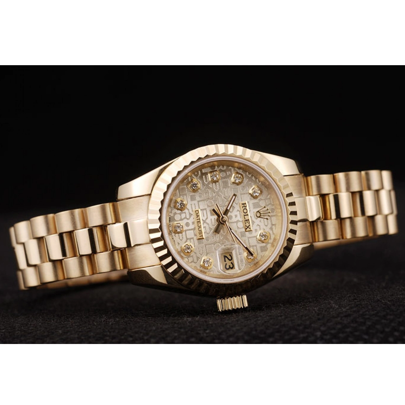 Aaa replica watch Dial Rolex Gold Ribbed Gold Pattern Bezel DateJust 0717